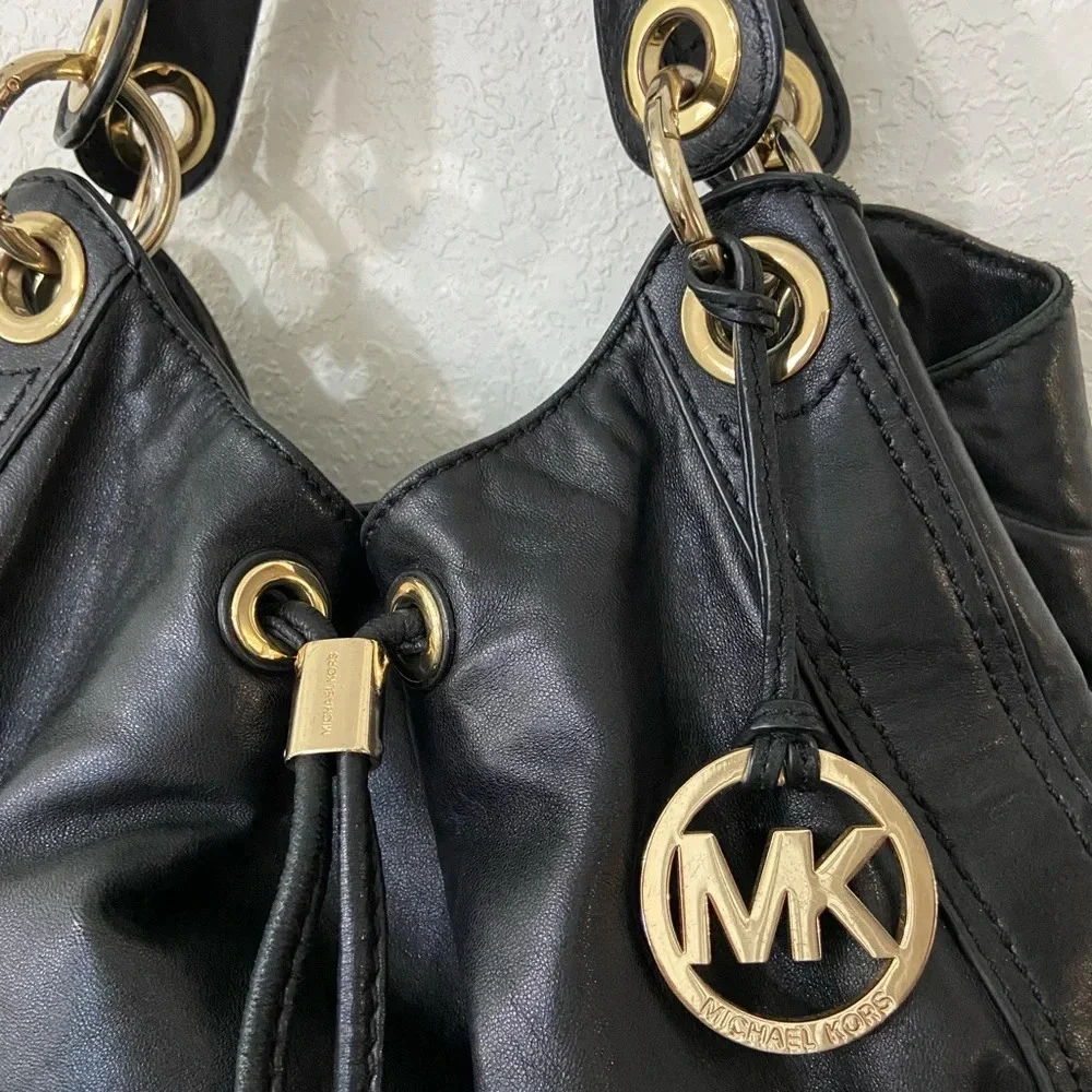 MICHAEL Michael Kors Black Leather Shoulder Bag with Gold Hardware